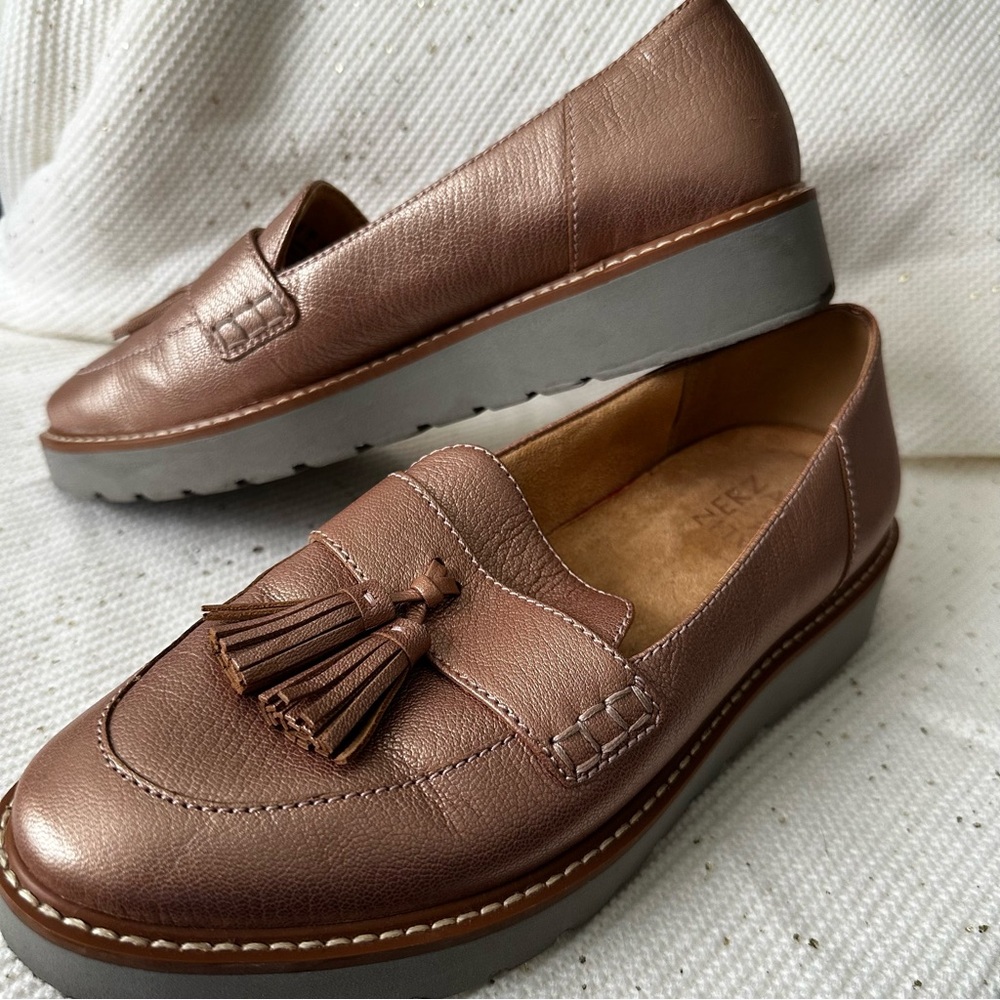 Naturalizer August Rose Gold Tasseled Loafers, perfect and comfortable for work.